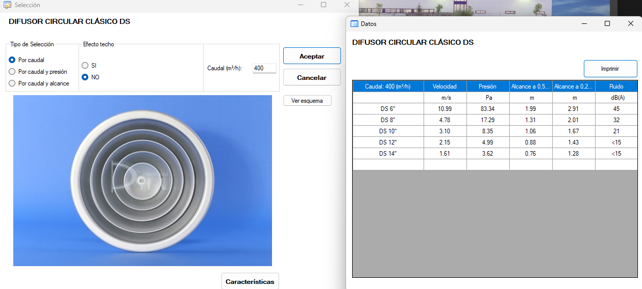 Tabla de datos de un difusor